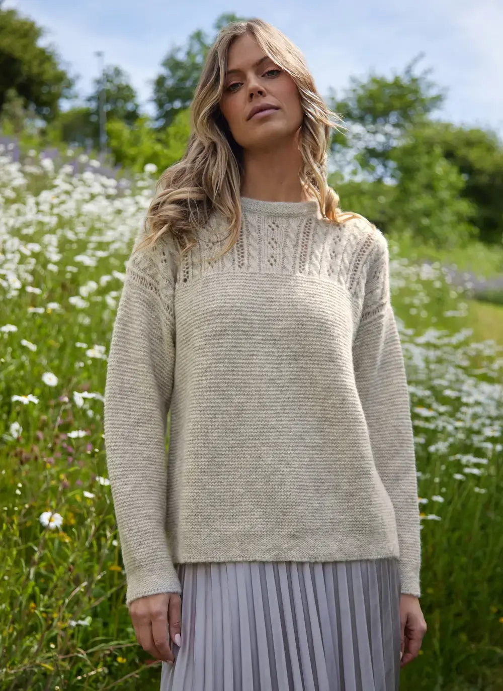 Alpaca Eyelet Stitch Crew Neck Sweater